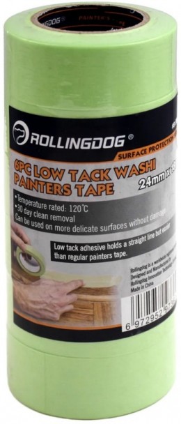 Малярная лента ROLLINGDOG Low Tack Washi Tape, малярный скотч 24 мм. х 18 м., 6 шт., для деликатных поверхностей